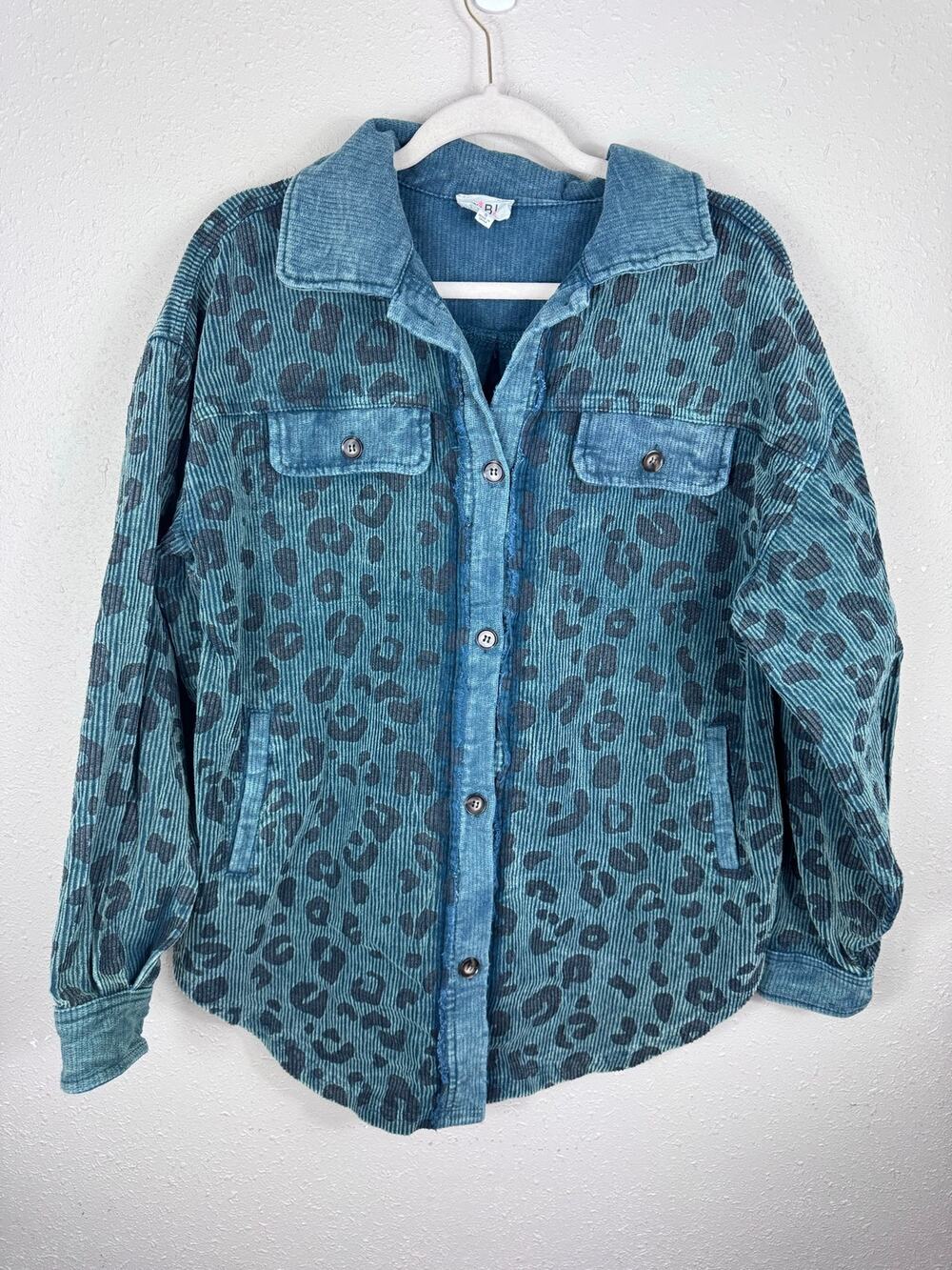 Bibi Teal Leopard Corduroy Shacket Womens Size Small